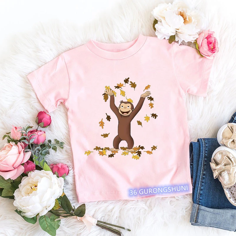 2024 Kawaii Curious George T-shirt Cartoon Graphic Print Monkey T Shirt Summer Tees Girls Tshirts Pink Short Sleeved Tops 2