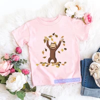 2024 Kawaii Curious George T-shirt Cartoon Graphic Print Monkey T Shirt Summer Tees Girls Tshirts Pink Short Sleeved Tops 2