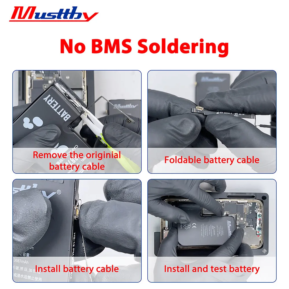 Musttby No BMS Soldering Battery For iPhone 14 13 12 11 Pro Max Phone Batteria No Need Programmer No Pop-up Shows 100% Capacity