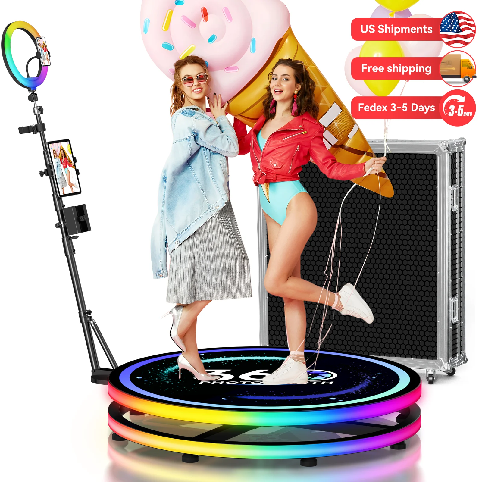60-115cm 360 Photo Booth Machine with APP Control Automatic 360 Video Photo Booth Spinner with Flight Case Built-in Lightbox