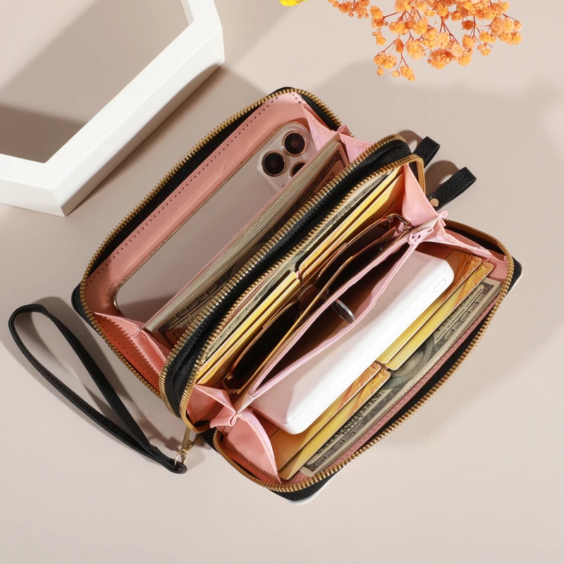 Lychee Patterned Women's Double Zipper Wallet - Large Capacity Card Holder & Phone Pouch Clutch Bag