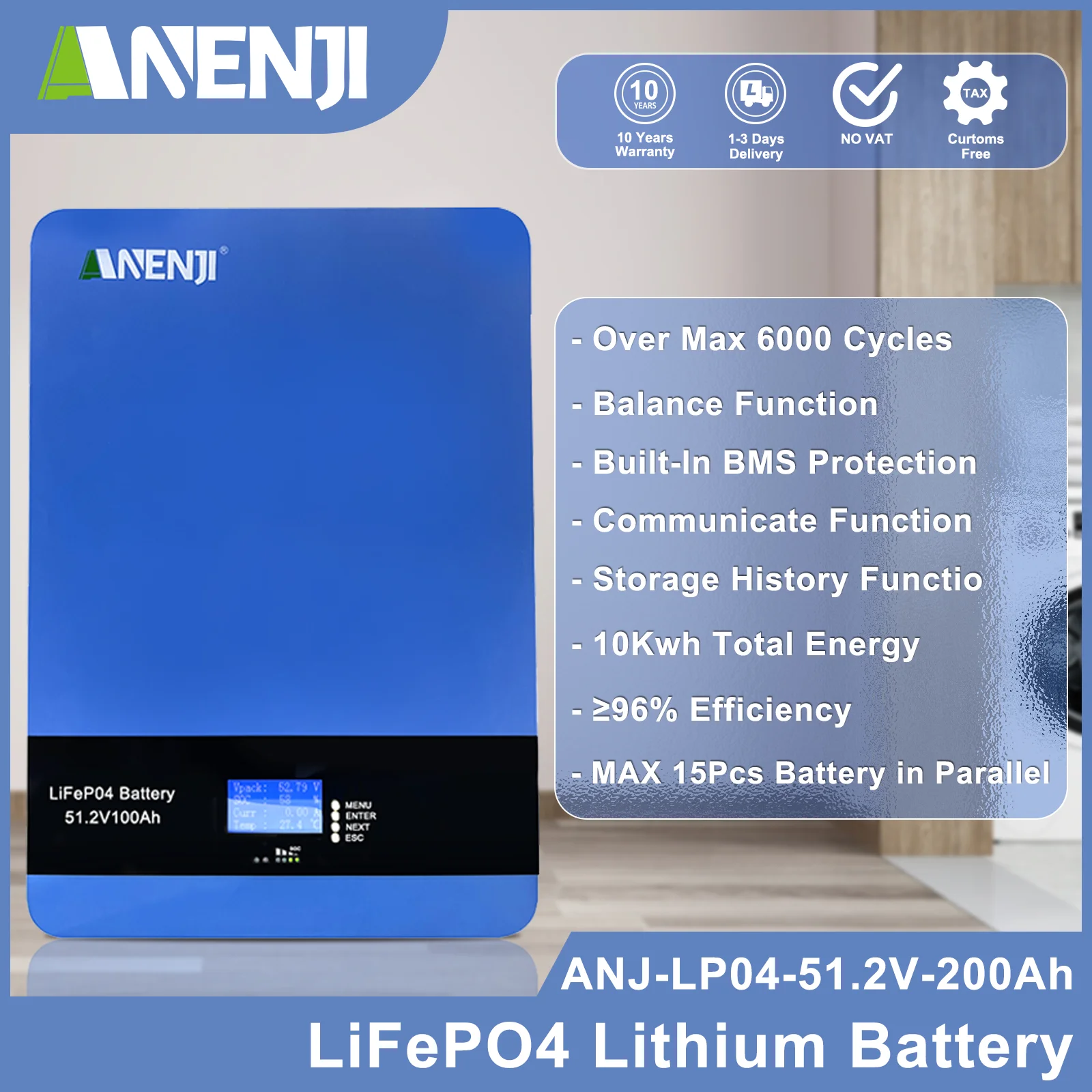 Powerwall 48V Lifepo4 Batteria 51.2V 200Ah 100Ah 10Kwh 5Kwh Litio Li-Ion 16S Parallelo 15P 6000 + Ciclo Rs485 Can Bms A Cell +