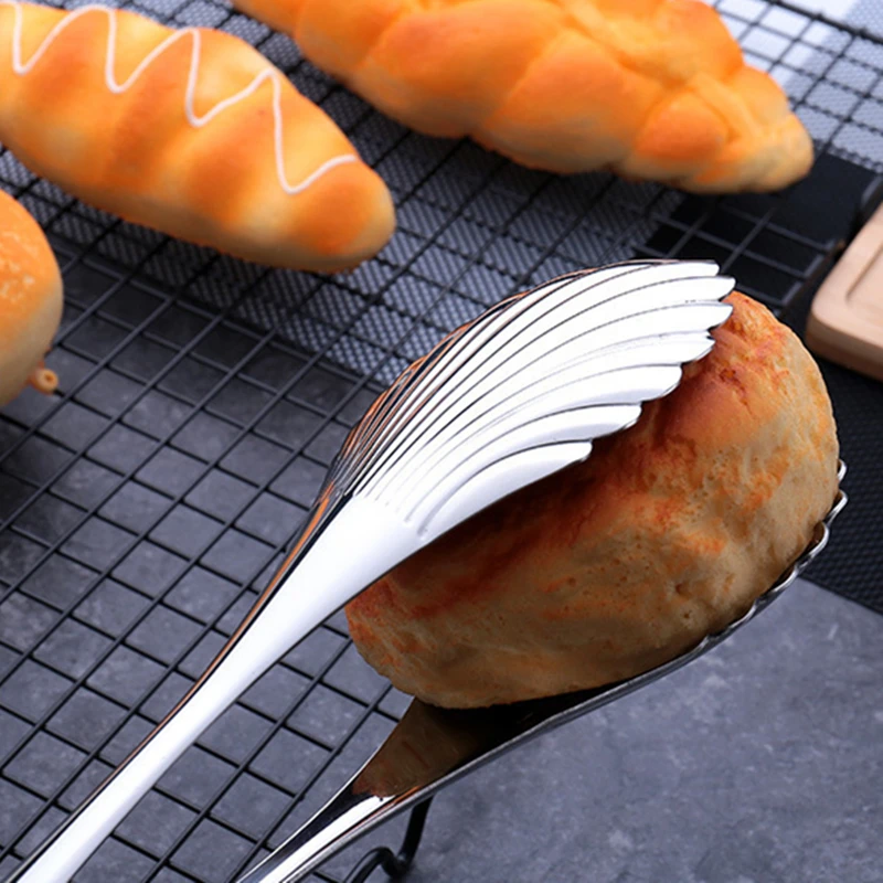 Shell-shape Silver Stainless Steel Food Tongs Multi-functional Bread Clamp Barbecue Steak Clips Non-Stick Cake Tong Kitchen Tool