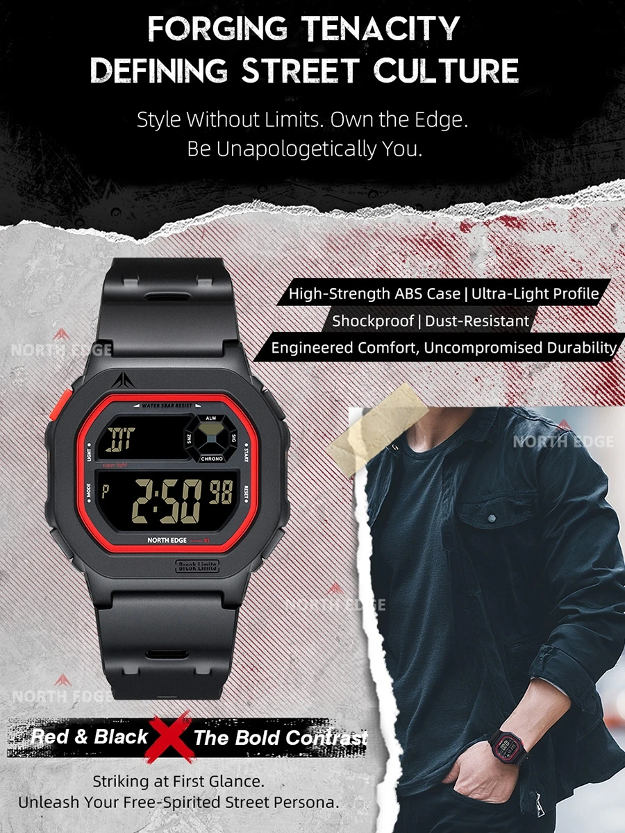 NORTH EDGE X1 Square Screen Digital Sports Watch – Waterproof Stopwatch with Countdown Timer and Alarm Clock