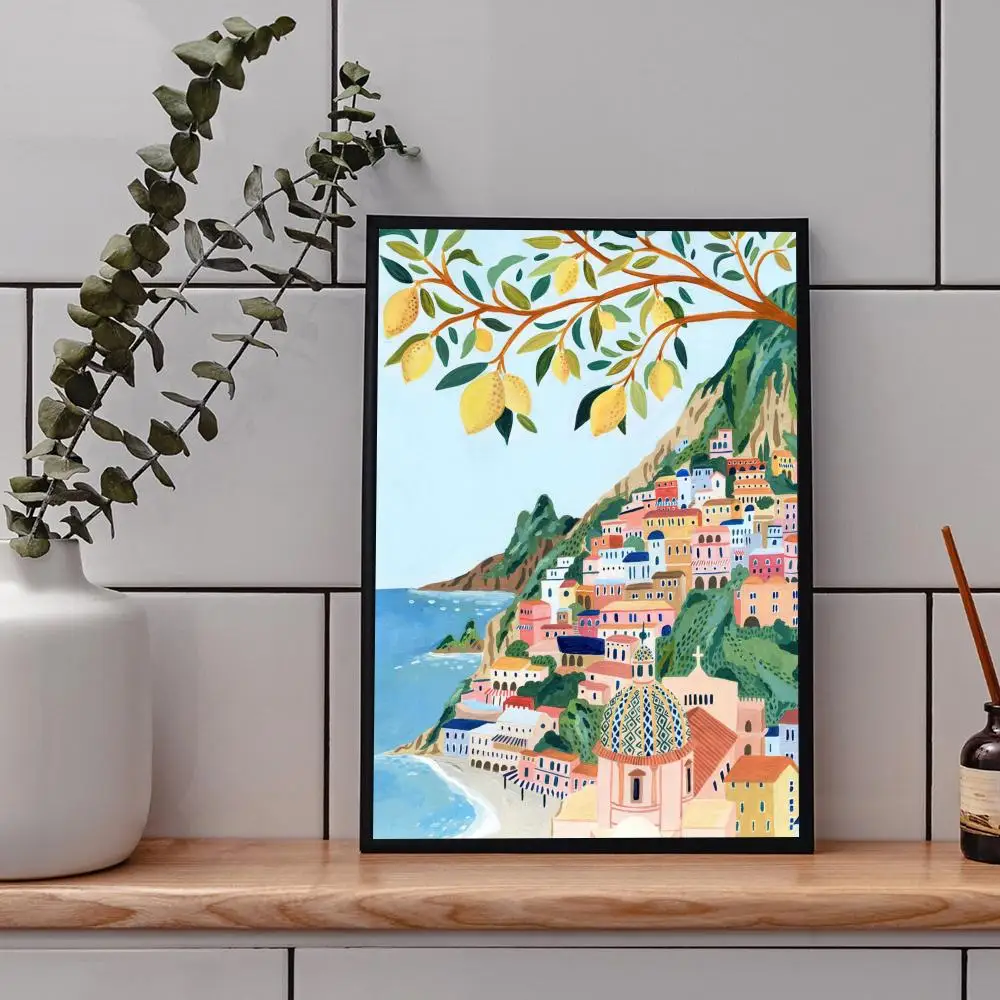Landscape Nordic Posters And Prints Barcelona Santorini Positano Vintage Room Bar Cafe Decor Stickers Wall Painting