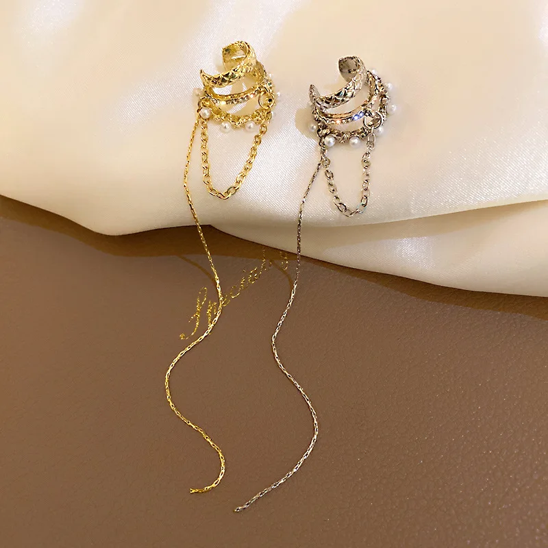 Luxury Elegent Ear Cuff For Women Gold Color Tassels Line Imitation Pearl Earrings Without Piercing Clip Earrings Gifts EF178 3