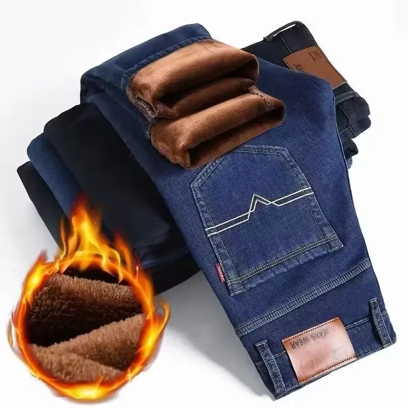Casual Pants In-Stock Men's Jeans Fleece-Lined And Thickened Winter Warm Loose-Fit Straight-Leg Casual Pants New Style Middle-Aged Long Pants