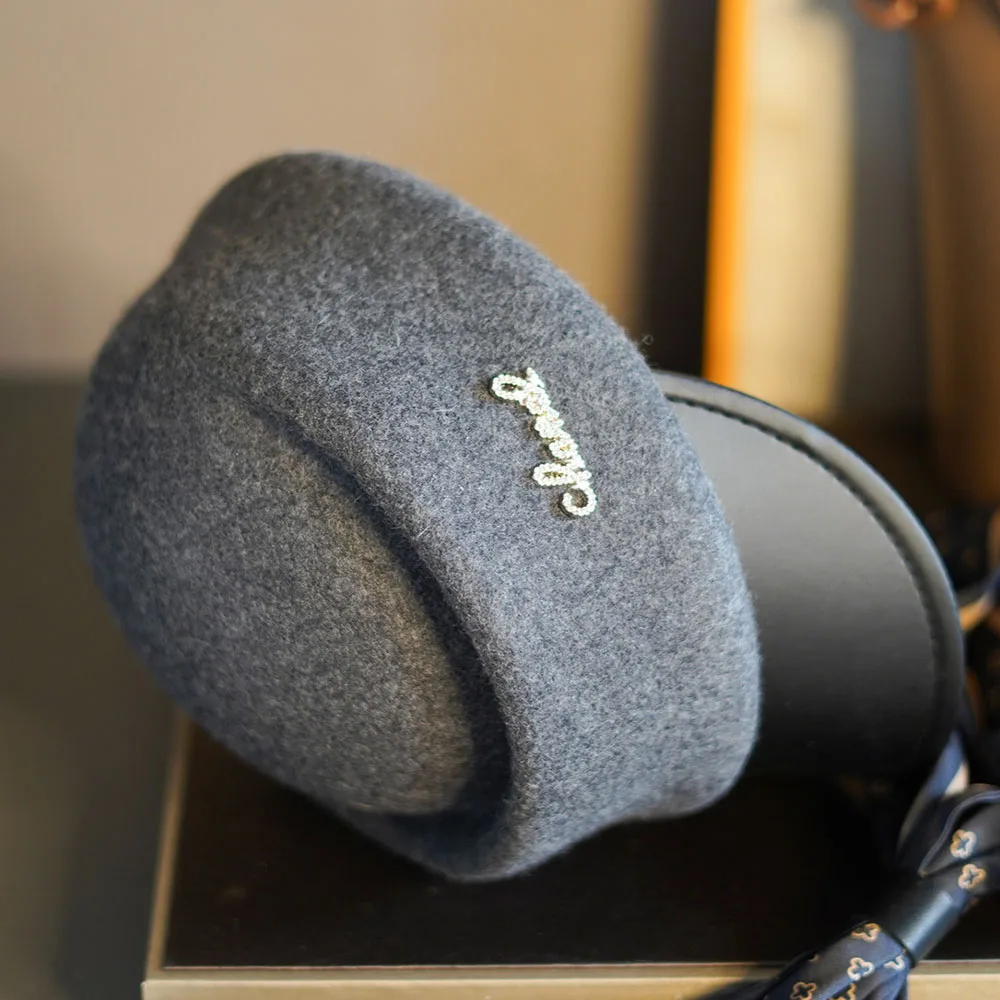 Newsboy hat Leather Brim Wool Cap Wool Newsboy Cap Women Winter Hat British Flat Patchwork Woolen Ladies Beret Hats
