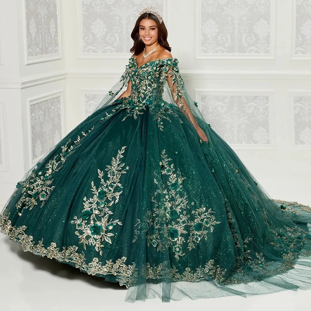 Green Quinceanera Dresses Ball Gown Off The Shouler Tulle Appliques Puffy Mexican Sweet 16 Dresses Charro 15 Anos new ball gown purple quinceanera dresses sweetheart tulle with crystal beads vestidos de 15 anos sweet 16 dresses