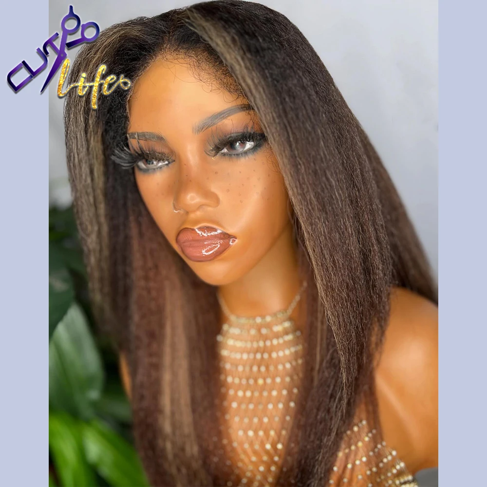 Kinky Straight 360 Full Lace Wig Wear to Go Highight Blonde Human Hair 5x7 4x4 Glueless Lace Closure Wigs With 4c Edge 250%