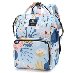 Fashion Print Multi-Function Mummy Backpack - Large Capacity Diaper Bag (Flowers blue)