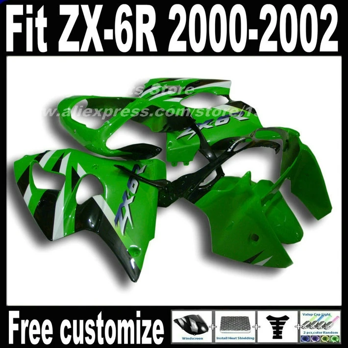 

Motorcycle Fairings set for Kawasaki ZX6R 2000 2001 2002 Ninja 636 fairing kit ZX-6R 00 01 02 green black motobike AF28