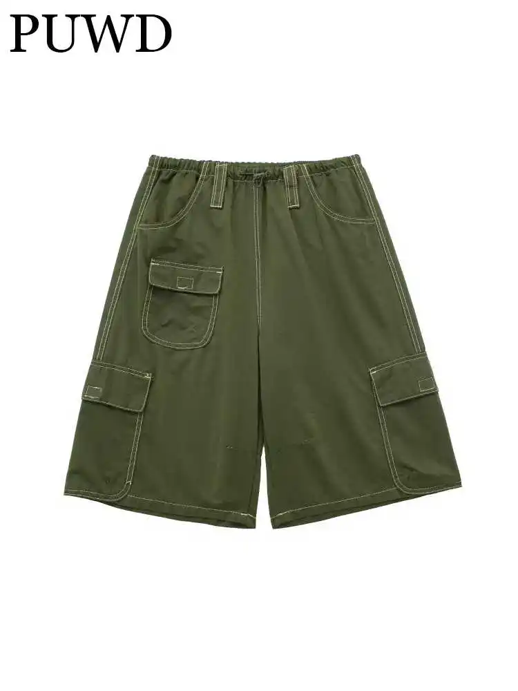 

PUWD Women Fashion Green Causal Shorts 2023 Summer Vintage High Elastic Waist Pockets Solid Color Female Bottoms Mujer