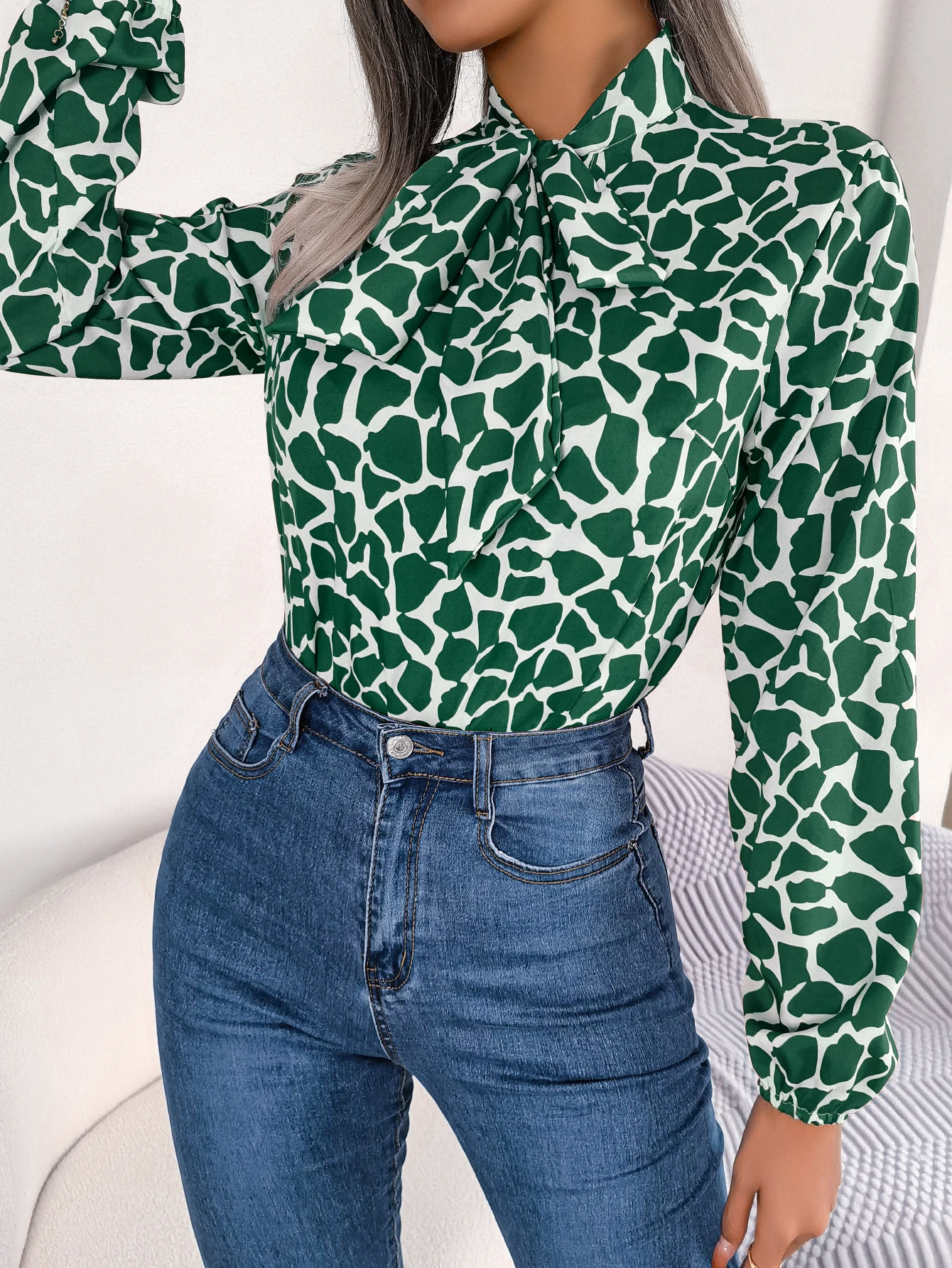 Green Blue Red Chiffon Blouse for Women Autumn Office