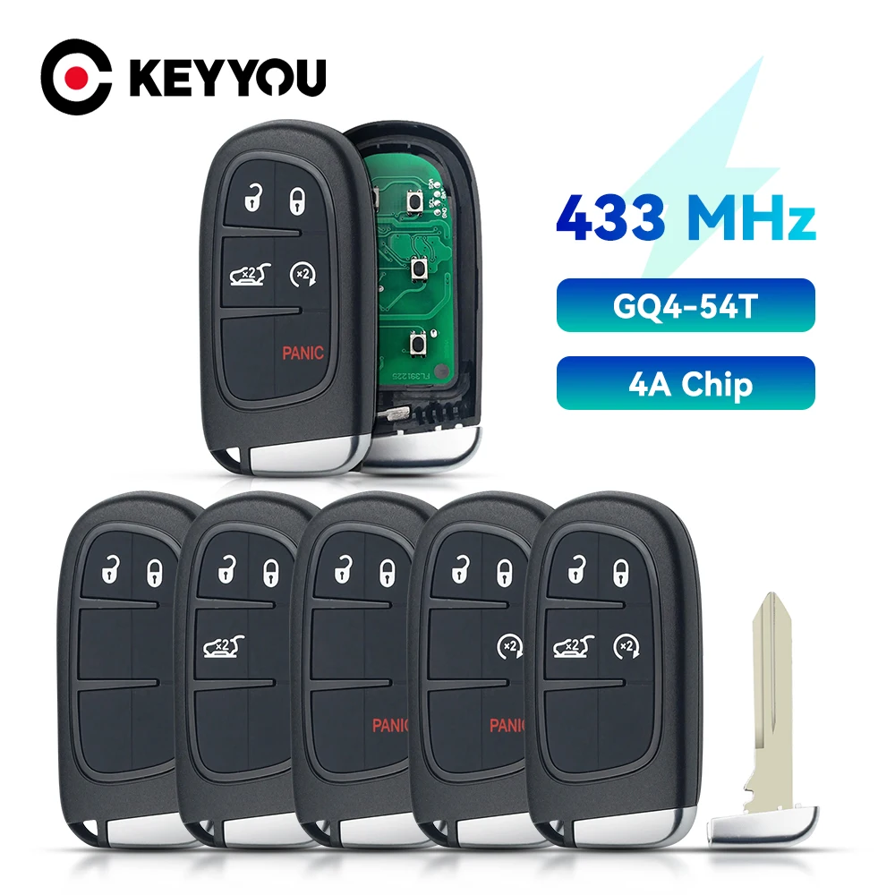 

KEYYOU KeylessGo 433Mhz Hitag-AES 4A Chip Remote Car Key for Jeep Cherokee Durango Chrysler GQ4-54T 2/3/4/5 BTN With Battery