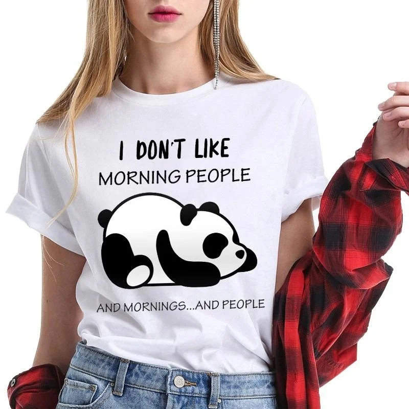 

Женская футболка с принтом милой панды «Я не люблю утренних людей», футболка с коротким рукавом и круглым вырезом, повседневные летние топы