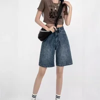 American Retro High Street Women's Denim Shorts Summer Slim Wide Leg A- Line Straight Cut Five-Quarter Length Cotton Shorts