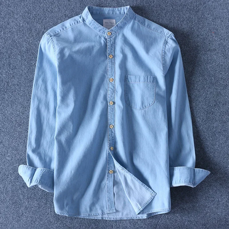 Schinteon Men Long Sleeved Denim Shirt Pure Cotton O-Neck Stand Collar Slim Slight Elastic Jeans Simple Solid Color Top