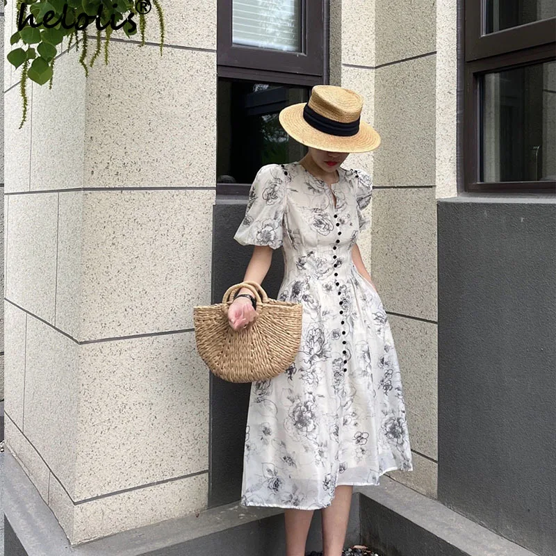 

Helolis French Vintage Floral Printing Midi Dresses for Women 2023 Summer V Neck Puff Sleeve A Line Dress Fashion Female Clothes