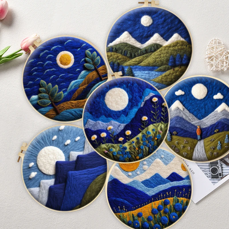 CHENISTORY Painting DIY Wool Embroidery With Frame Blue Scenery Creative Needle Felt Picture Kit For Beginners DIY Handicraft