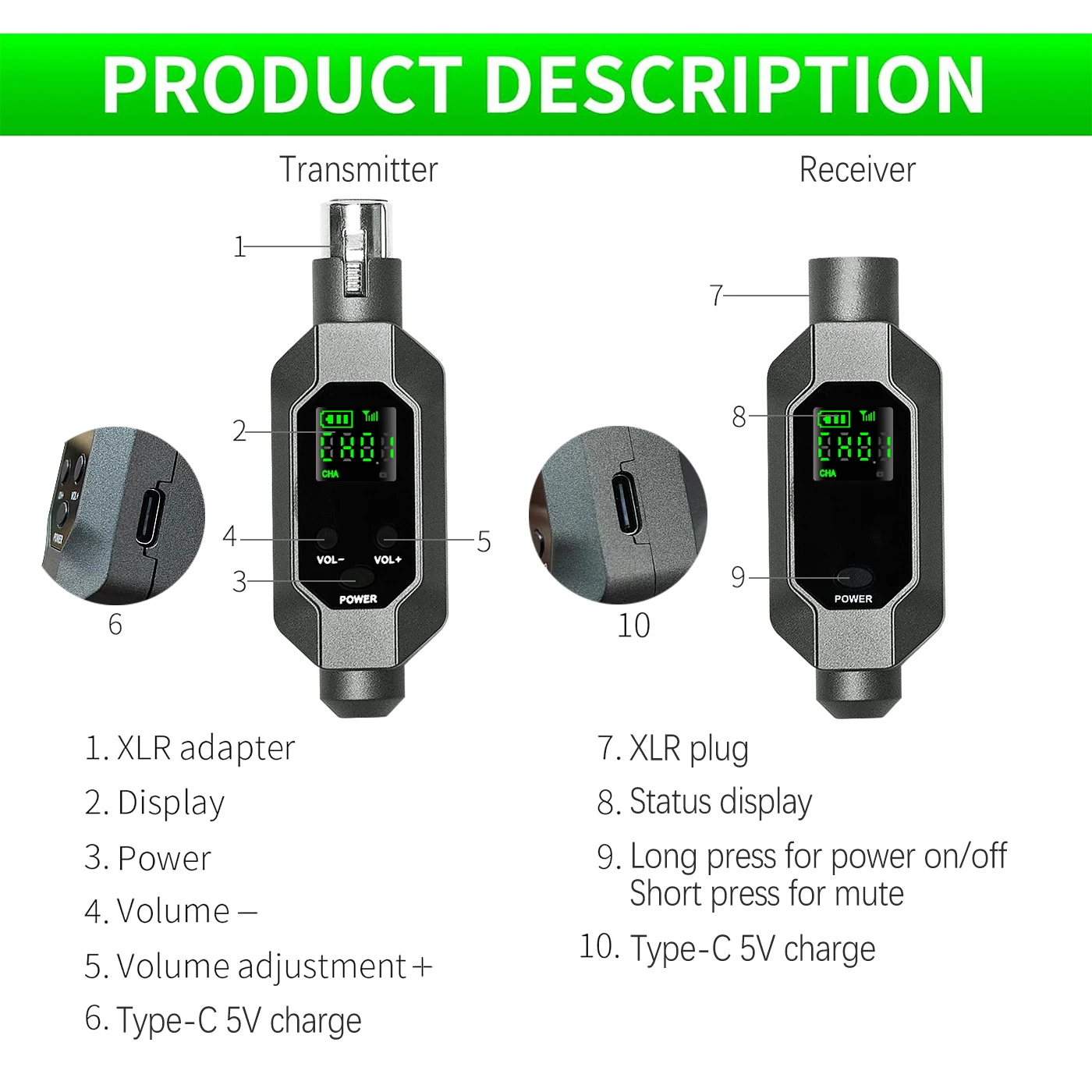 Wireless Microphone Wireless Microphone Converter XLR Rechargeable Battery Transmitter and Receiver Microphone System Dynamic Church