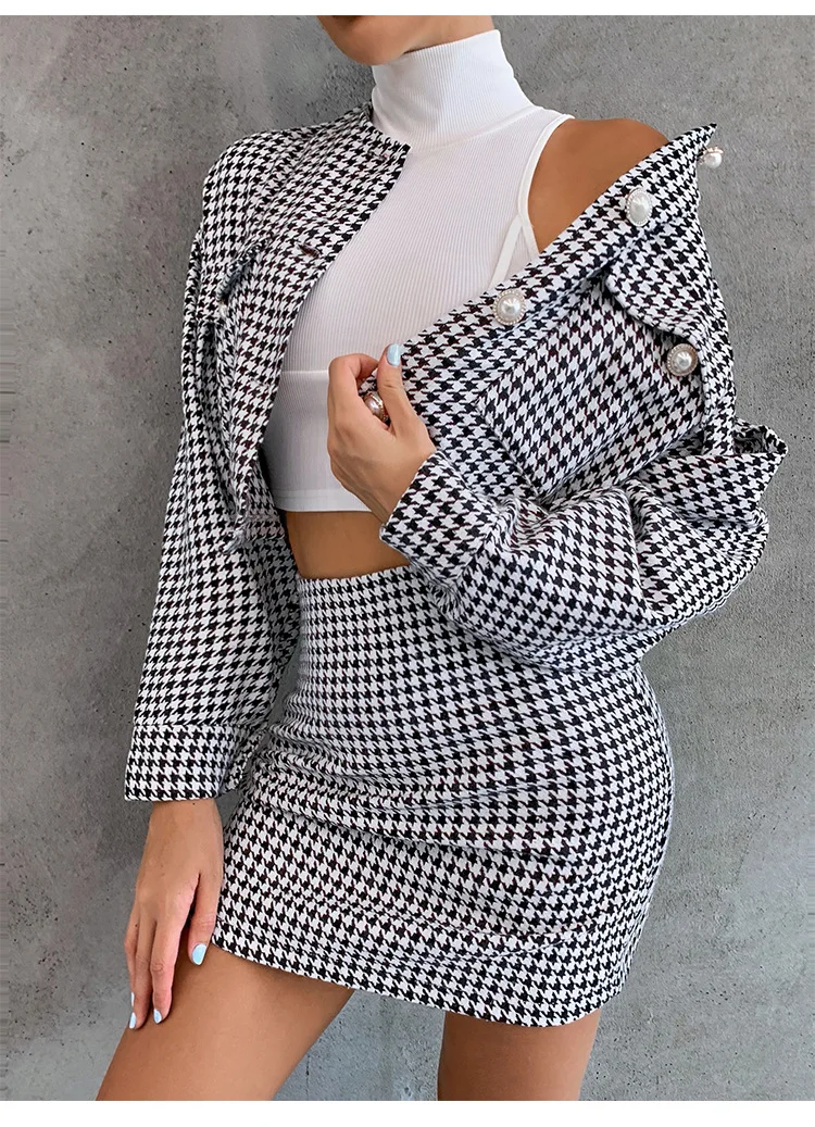 Legible Spring Autumn Women Sets Casual Plaid Short Jacket mini Skirts Two Pieces Woman women's skirt suit sets