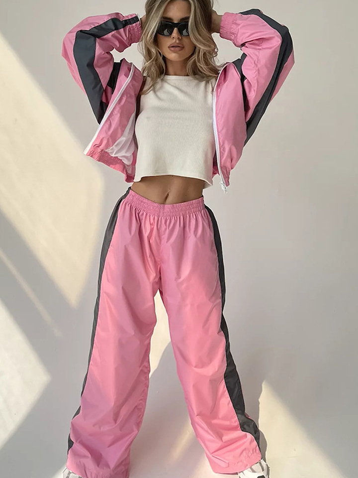 FSMG Casual Contrast Sportswear Set Loose Long Sleeve Zipper Jacket+Elastic Waist Wide Leg Pants 2 Piece Ensemble Sporty Suit