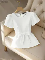 Office Women Blouse ZANZEA Summer Elegant Puff Sleeve Slim Fit Tops Tunic Stylish OL Work Shirt Fashion Lace -Up Holiday Blusas - Image 2
