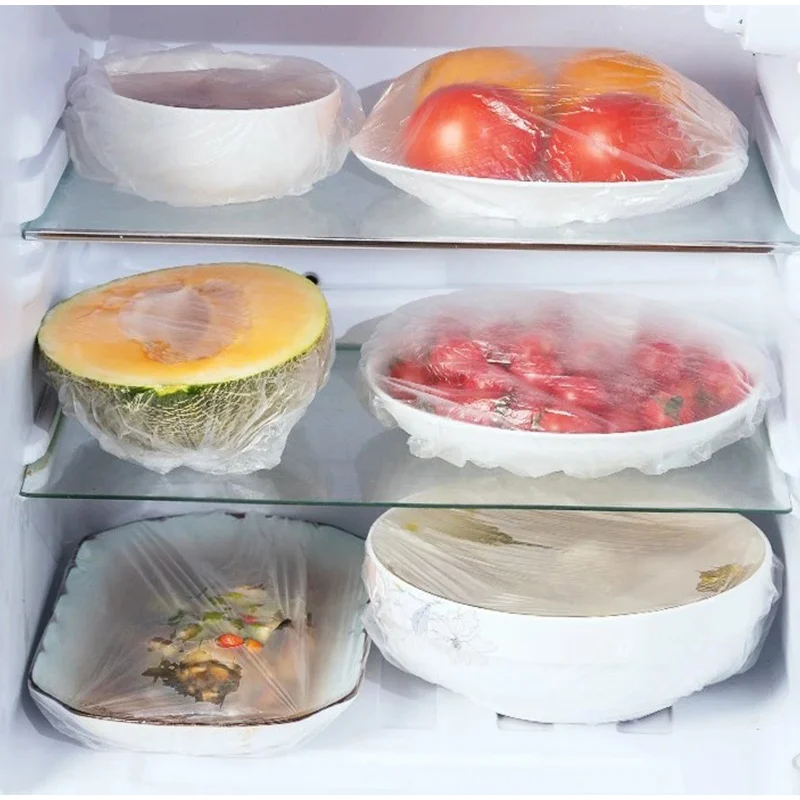 Description Picture 6 of item100PCS Disposable Plastic Wrap Tear Free Colored Food Grade Size Plates Universal Elastic Food Cover Shower Cap Kitchen Storage