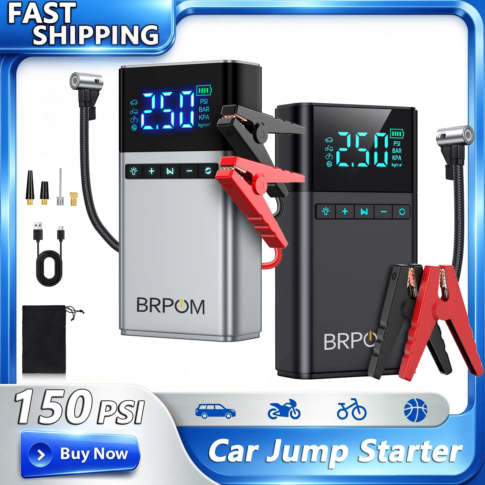 Démarreur de voiture 3-en-1 1500A de pointe avec compresseur d'air, booster de batterie automobile, pompe à air 150 PSI, batterie externe portable et gonfleur de pneus avec lumière LED 1