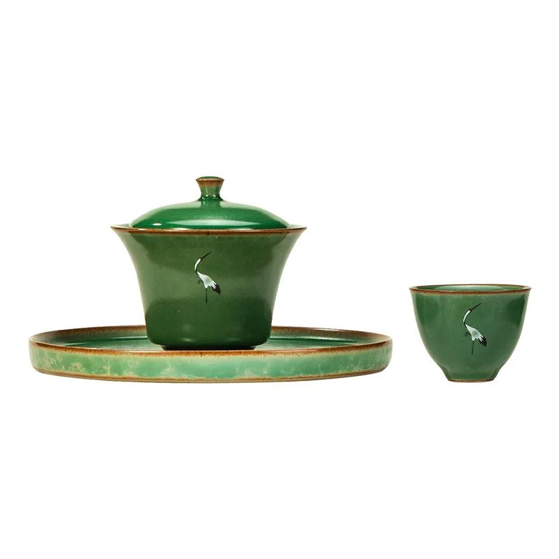 Landscape Sapphire Crane Tureen Ceramic Large Three-Piece Tea Bowl Hostess Tea Cup Kiln Baked Teaware Cup Bowl