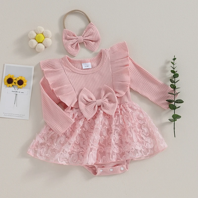 

Baby Girls Princess Flower Rompers Dress Long Sleeve Bowknot Lace Layered Tulle Skirt Hem Bodysuits Jumpsuits with Headband