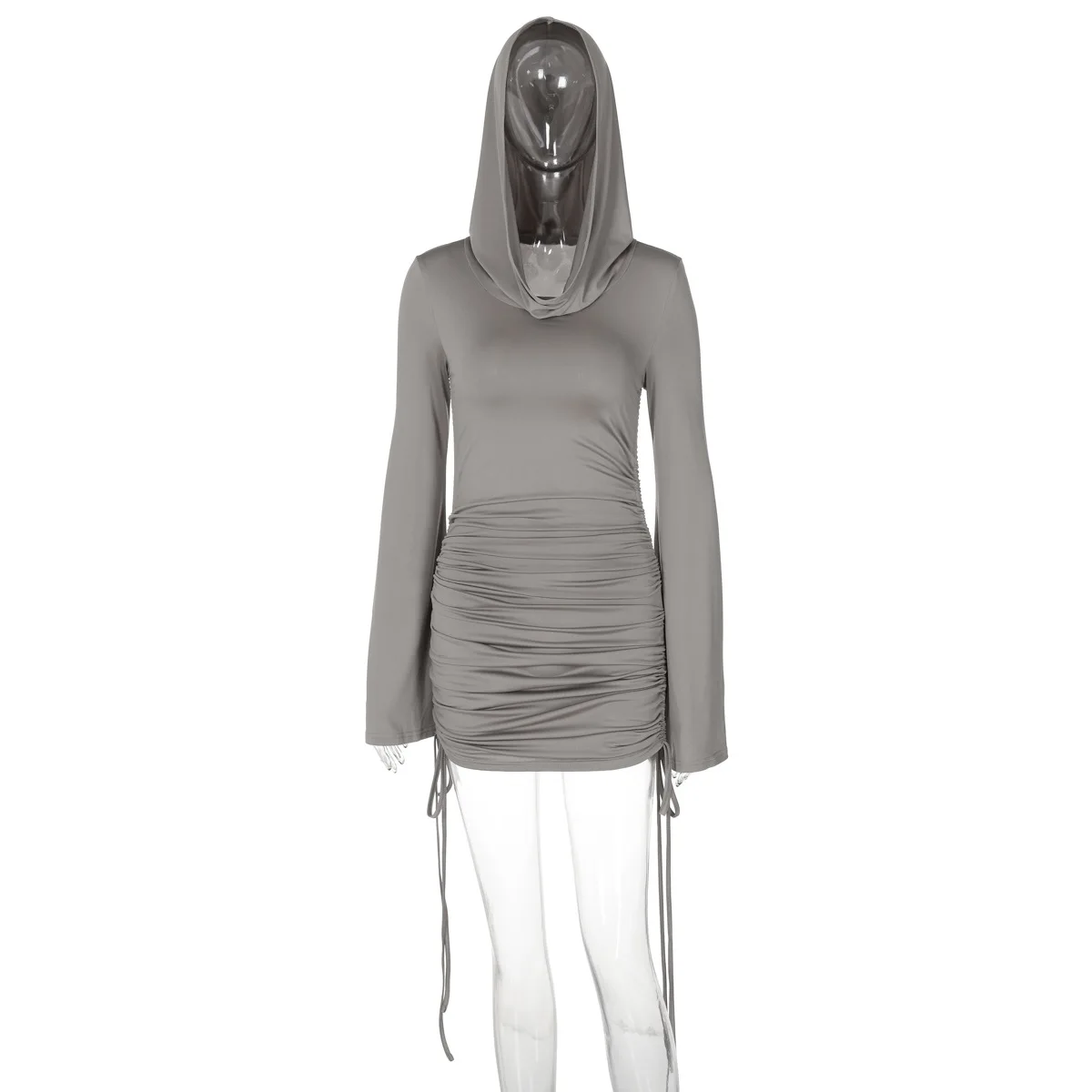 White Sexy Hoodie Mini Dress Women's Pleated Slim Long Sleeve Drawstring High Waist Party Dress Female Solid Autumn Dress