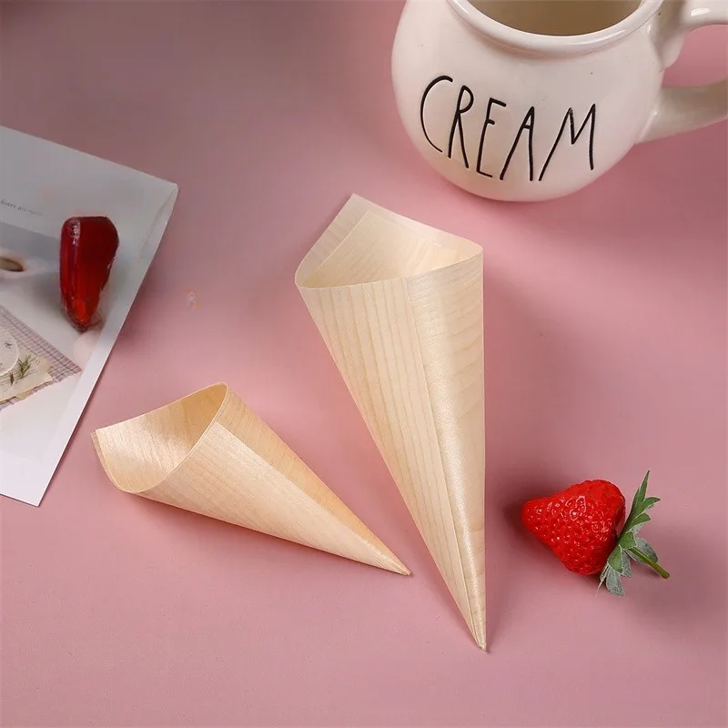 50/100pcs Disposable Wood Appetizer Cones with Fruit Skewer Biodegradable Cone Veneer Roll Ice Cream Cone Packaging Container