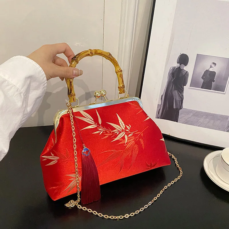Retro Bamboo Handle Handbag Designer Clip Crossbody Bag Purses