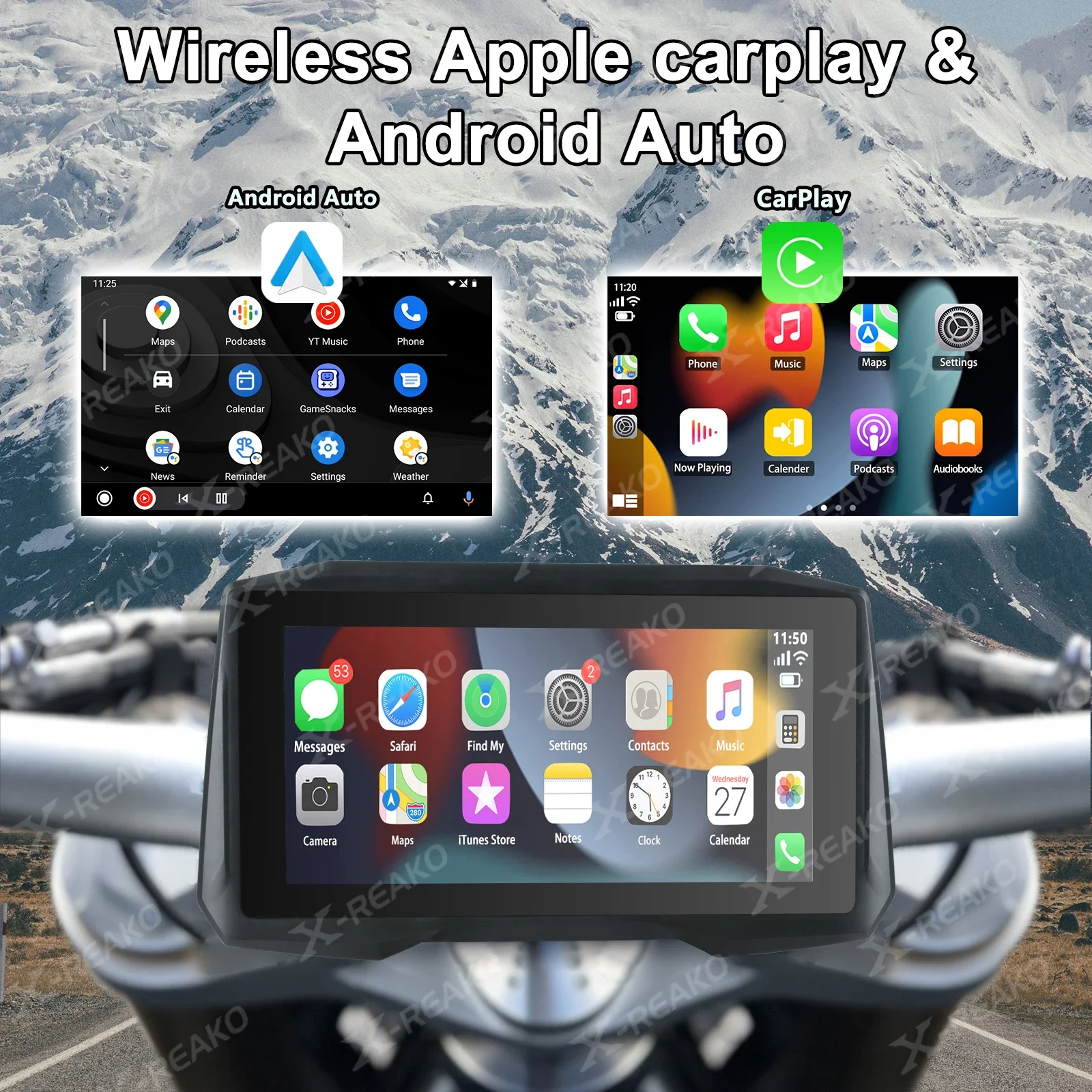 X-REAKO 6.86-inch MP5 Motorcycle Portable PND Voice Assistant Android Auto&Carplay DVR GPS Bluetooth HD Touch Screen TPMS