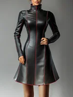 Women Pleated A-Line PU Leather Dress Long Sleeve Grunge Vintage Casual High Street Turtleneck Long Sleeve Mini Dresses 2025 - Image 2