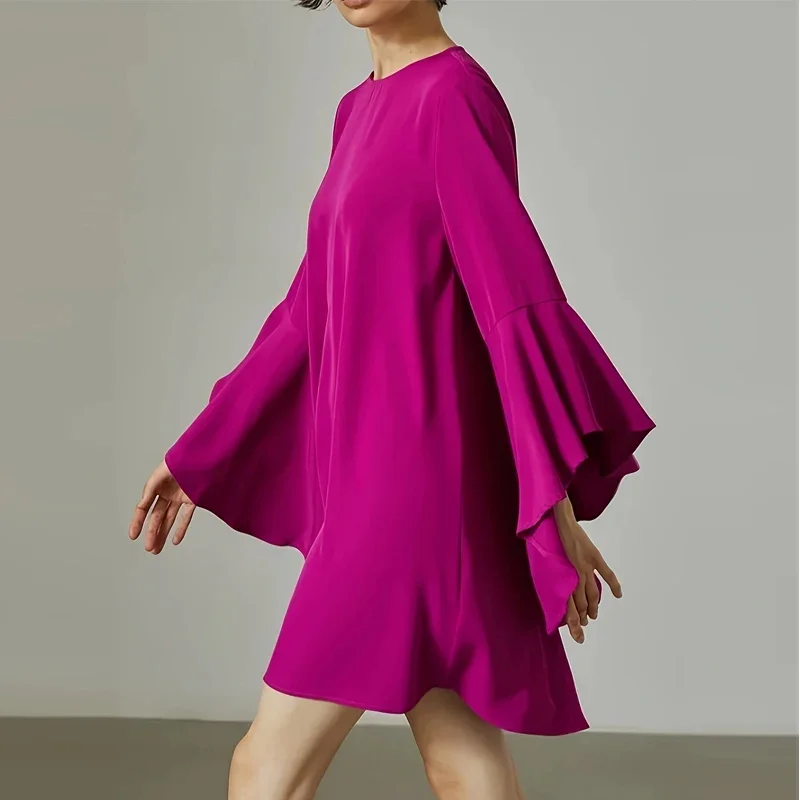 

Осеннее элегантное платье-пуловер с оборками и расклешенными рукавами, женское однотонное свободное платье с круглым вырезом, весна 2024, повседневное модное женское мини-платье