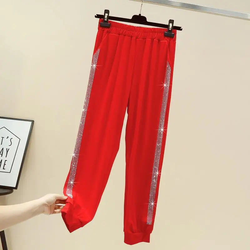 Women Clothing 2024 Summer Fashion Rhinestone Sports Joggers High Waist Harem Pants Female Casual Solid Pockets Loose Sweatpants