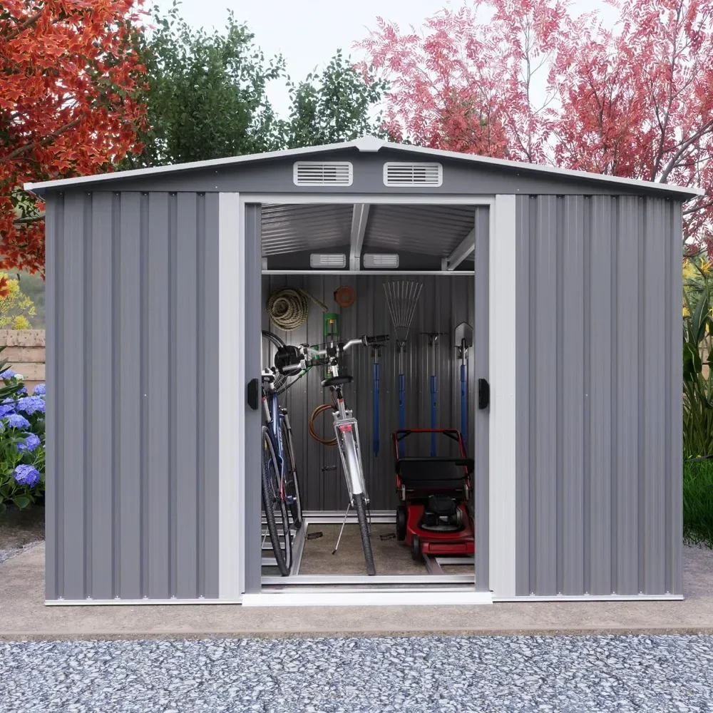 

8x6 FT Sheds & Outdoor Storage, Sturdy Metal Galvanized Steel Garden Storage Shed Sliding Doors, Utility Tool Storage Bike Shed
