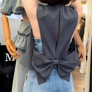 Fashion Simple Grey Bow Coat Vest for Women Y2k V-neck Single Breasted Tops Mujer 2026 Summer New Sleeveless Loose Jackets 1