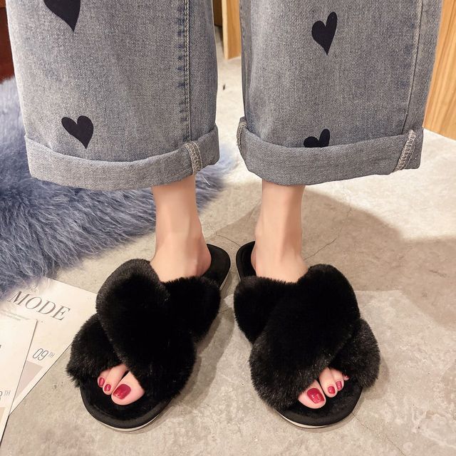 slippers female winter plush cross with cotton slippers, indoor warm plush slippers