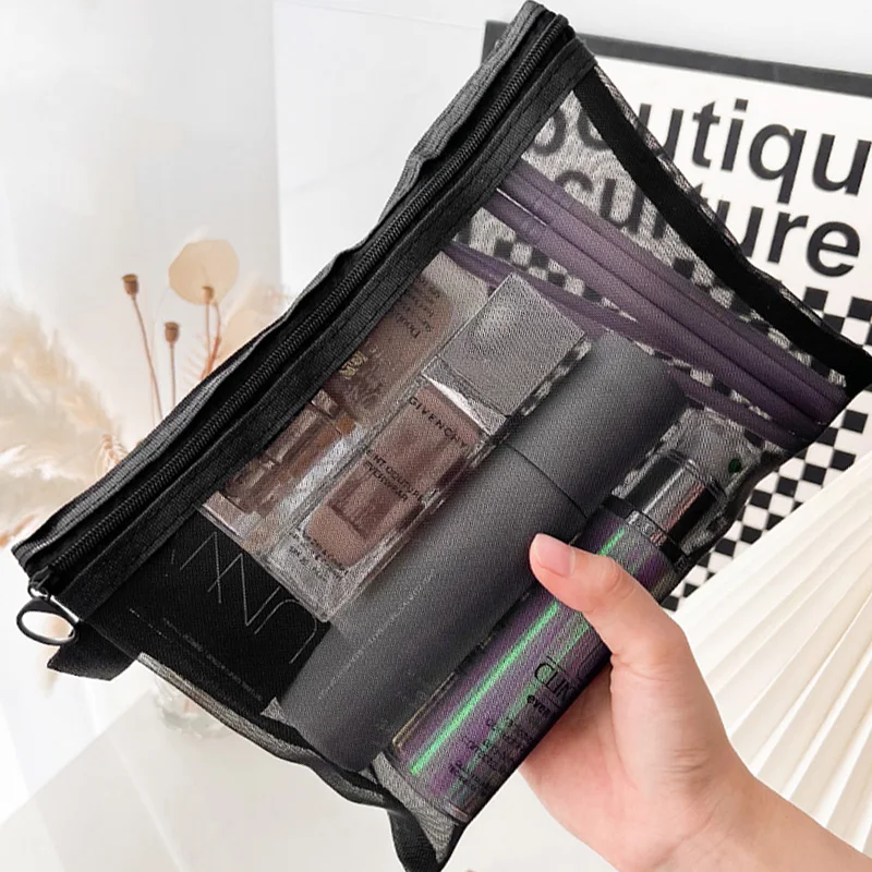 

2024 New Portable Large Capacity Outdoor Travel Makeup Bag Black Transparent Mesh Storage Washing Bag Home Organization Tote Bag