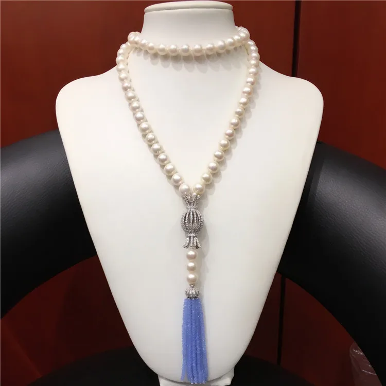 

Hand knotted natural 75+15cm 8-9mm white freshwater pearl micro inlay zircon clasp blue glass tassel necklace fashion jewelry