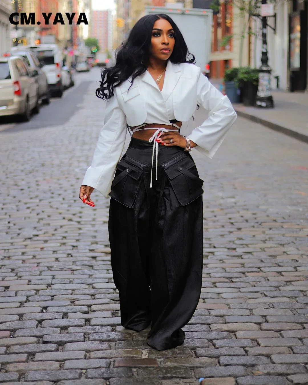 CM.YAYA Women detachable pocket Zipper Fly Loose Wide Leg Pants