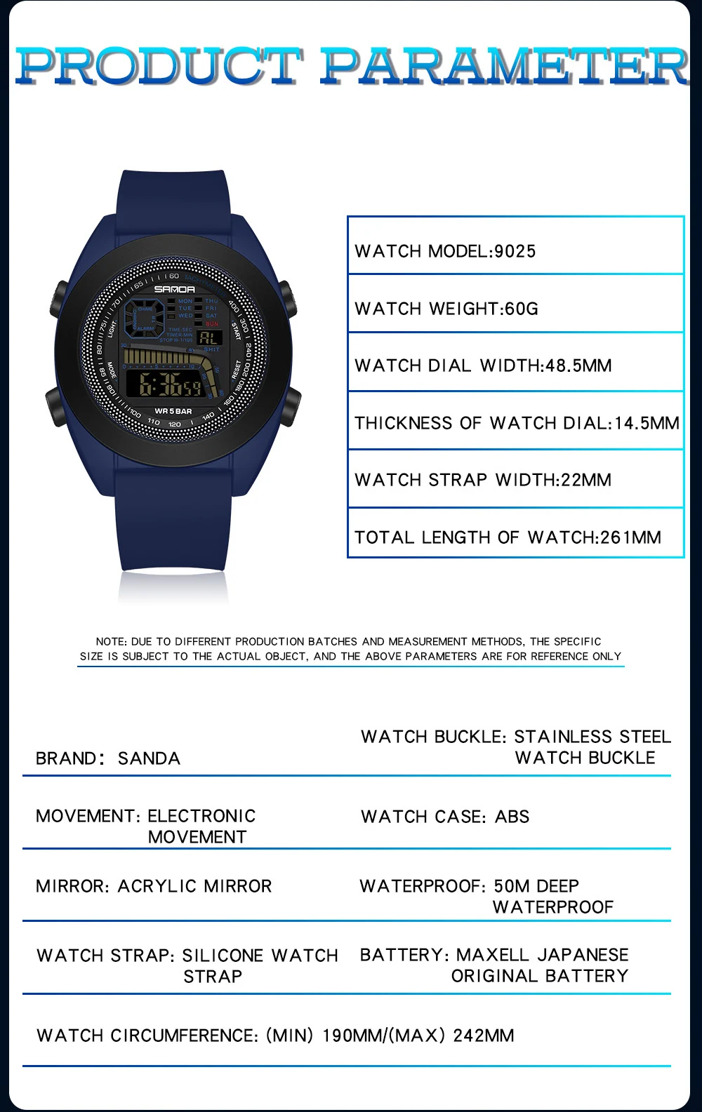 2023 New Single Core Electronic SANDA  9025 Watch Multifunctional Silicone Tape Men's Outdoor Sports Waterproof Wristwatch
