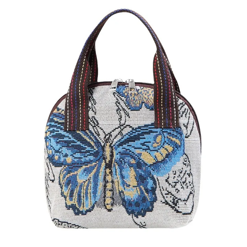 Butterfly Embroidery Top Handle Bag Small Phone Storage Purse Women's Woven Handbag With Zipper Canvas Handbag