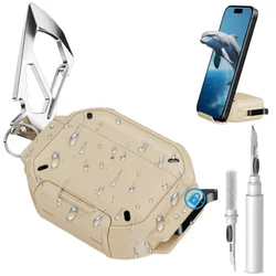 Waterproof Military - Grade AirPods Pro Case with Secure Lock & Built - In Phone Stand for AirPods Pro 3 (Beige with Pen)