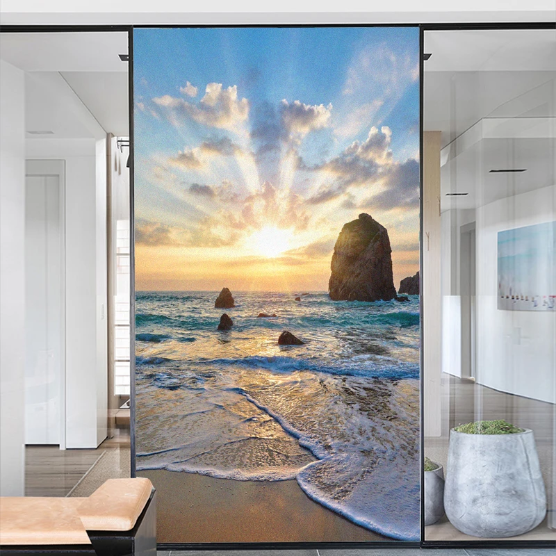 

Privacy Windows Film Beach Decorative Window Stickers No Glue Static Cling Frosted Windows Film for Home