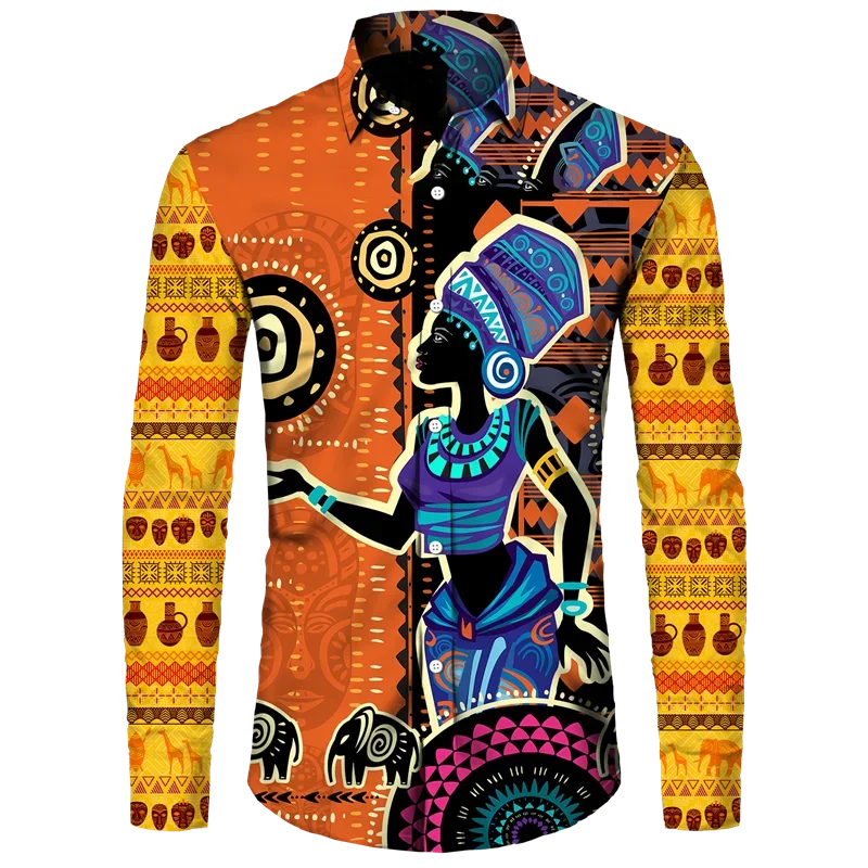 thumbnail image 1 of Camisas con cuello vuelto y botones con estampado dashiki africano para hombre, blusas casuales de manga larga, ropa de calle de estilo étnico, camisa, 1 of 5